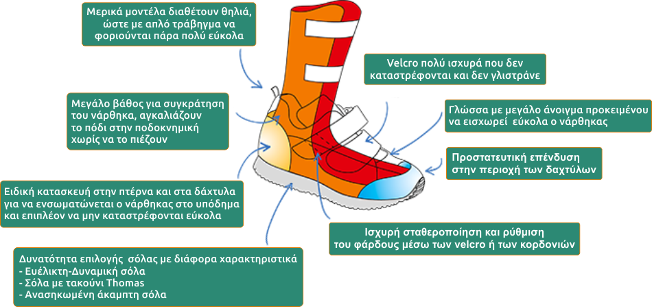 ΠΟΛΥΦΡΟΝΤΙΣ - Ορθοπεδικά παπούτσια για νάρθηκες: Τα ορθοπεδικά υποδήματα orthotic για νάρθηκες συνδυάζουν αποδεδειγμένη ιατροτεχνολογική παρέμβαση και μοντέρνα εμφάνιση Γίνονται κατόπιν παραγγελίας και μετρήσεως του φάρδους ποδιών –ναρθηκών, έτσι ώστε το φάρδος των ορθοπεδικών υποδημάτων να προσαρμόζεται ακριβώς στις διαστάσεις του ποδιού – νάρθηκα, με αποτέλεσμα να: • Αυξάνουν τη συμμόρφωση στη χρήση του νάρθηκα • Βελτιώνουν και διευκολύνουν τη διαδικασία βάδισης • Ξεκουράζουν • Έχουν μεγάλη αντοχή Η χρήση σωστού ορθοπεδικού υποδήματος είναι πολύ σημαντικός παράγοντας προκειμένου να είναι αποτελεσματικός ένας νάρθηκας. Τα ορθοπεδικά υποδήματα που φορούν οι άνθρωποι που χρησιμοποιούν νάρθηκες δεν πρέπει μόνο να εκπληρούν κάποιες συγκεκριμένες προδιαγραφές, αλλά θα πρέπει να διευκολύνουν τη βάδιση και το τρέξιμο, κάτι που δεν κάνουν τα υποδήματα του εμπορίου. Για αυτόν τον λόγο η εταιρεία Schein μένει δίπλα στον καταναλωτή και λαμβάνει υπόψη στον σχεδιασμό των ορθοπεδικών υποδημάτων παρατηρήσεις και σχόλια τους. Με βάση αυτά προχώρησε πρόσφατα στον σχεδιασμό: – Νέας ευέλικτης σόλας – Νέων ορθοπεδικών υποδημάτων για χρήση με νάρθηκες